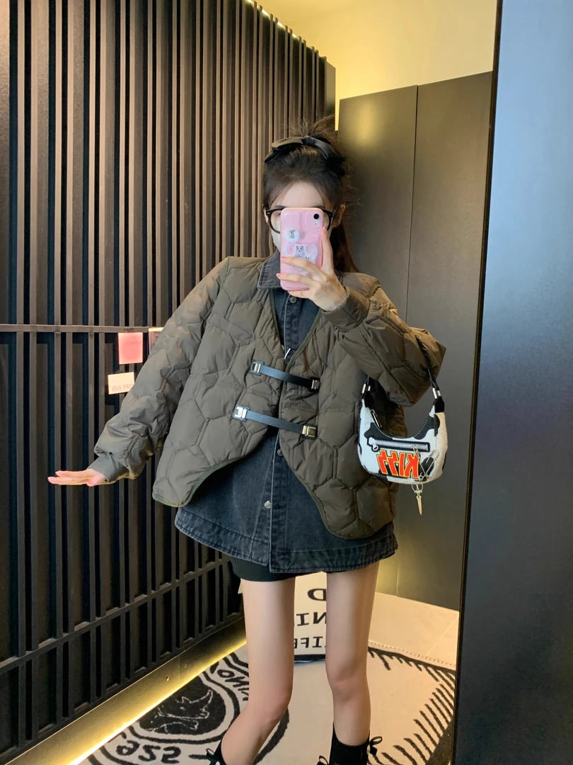 欧洲站冬季新款胖MM牛仔拼接棉服套装女高级感加厚棉衣外套两件套