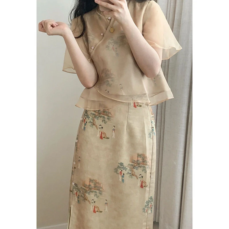 夏季胖妹妹新中国风套装女时尚雪纺上衣显瘦百搭半身裙两件套8547