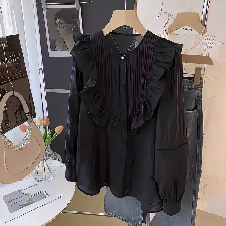 大码女装法式气质荷叶边雪纺衬衫女春季显瘦衬衣胖mm休闲藏肉上衣