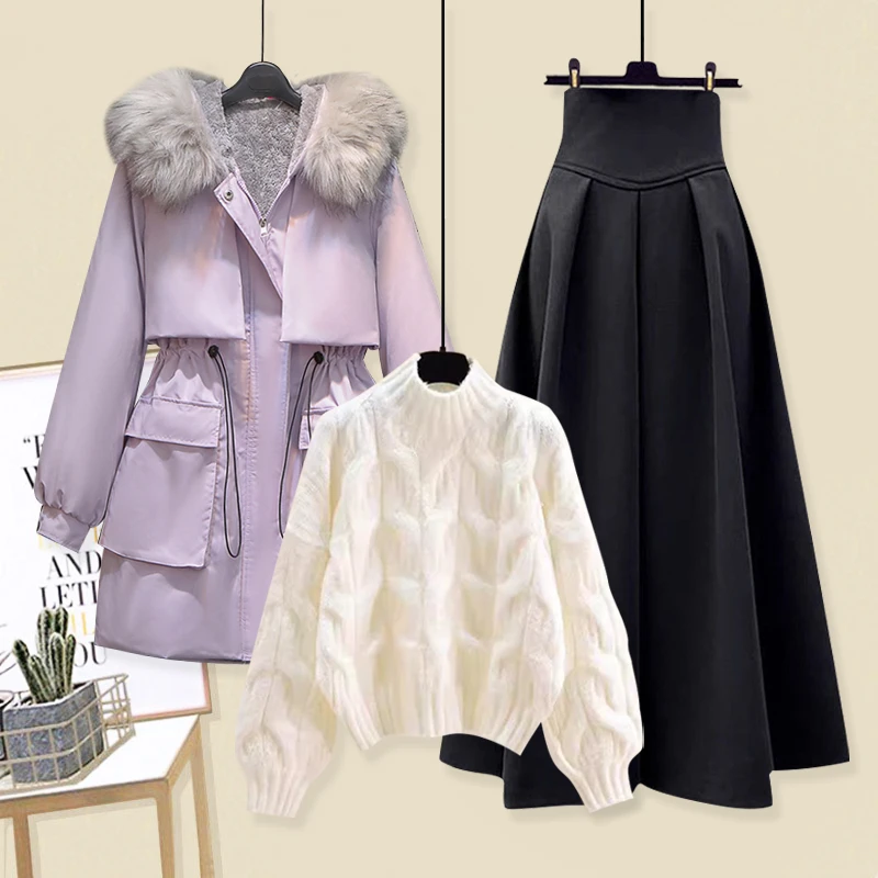 2024新款秋冬高级感加绒加厚大毛领派克服针织毛衣半身裙三件套女