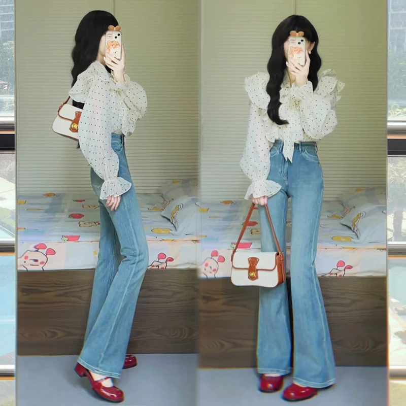 2025春季新款一整套法式温柔波点荷叶边长袖衬衫牛仔阔腿裤两件套