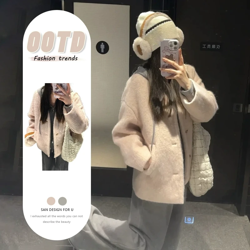 慵懒风减龄搭配一整套装冬装温柔时尚毛呢外套连帽上衣裤子三件套