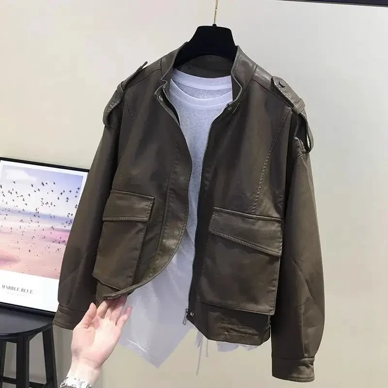 高级感工装立领PU皮衣女秋小个子机车服胖mm时髦宽松显瘦夹克外套
