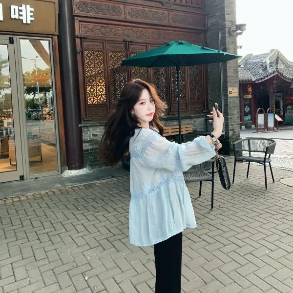 2024早秋一整套少女感天蓝色蕾丝衬衫女气质百搭显瘦裤子女两件套