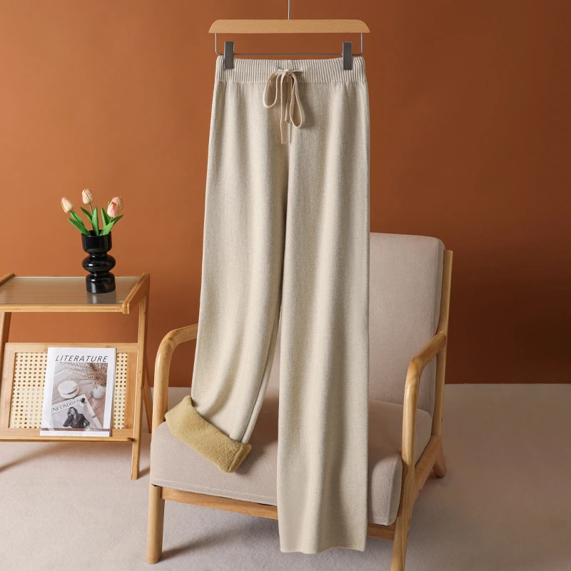 冬季新款羊毛阔腿裤加绒高腰加厚宽松垂感针织直筒休闲裤百搭外穿