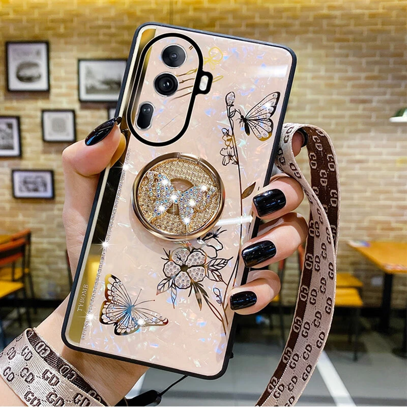 OPPOReno11手机壳镜头全包防摔网红高级感保护套超薄支架镶钻挂脖