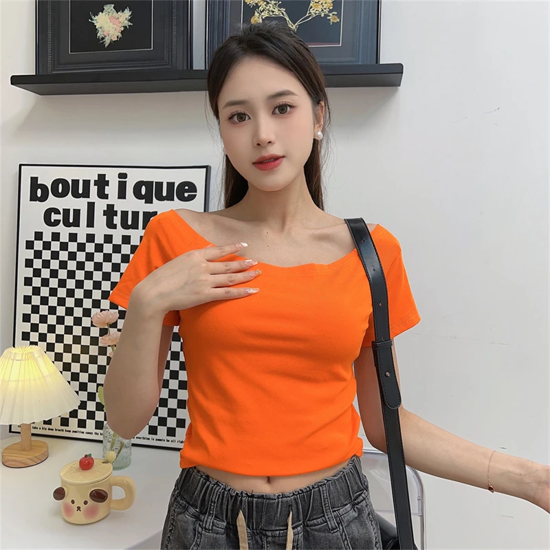 纯棉短袖性感上衣修身露肩短款露肚脐夏季显瘦一字肩一字领辣妹装