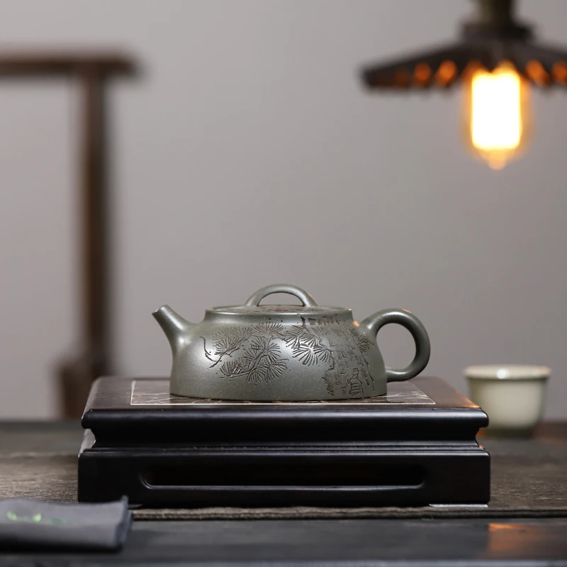 百世堂宜兴紫砂壶蟹壳青扁石瓢壶200c