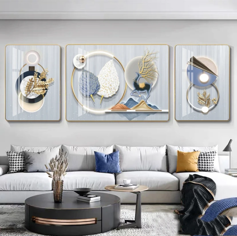现代轻奢客厅装饰画寓意好沙发背景墙高端大气壁画新款三联画F01