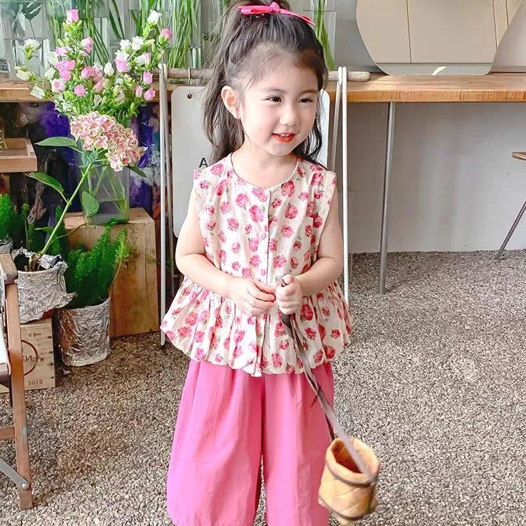 （现货三件套）1364夏季新款潮流女童套装碎花上衣裤子套装洋气女宝