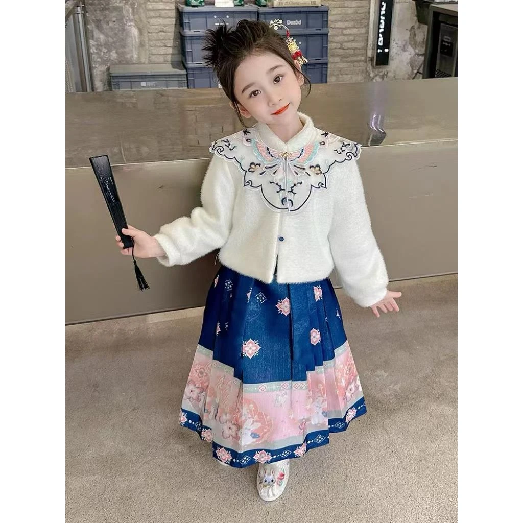 0102女童套装马面裙秋冬季儿童加绒唐装中国汉服拜年服