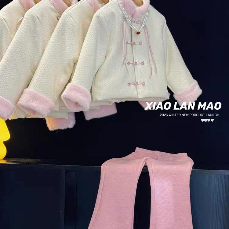 1145女宝宝国风二件套新款女童洋气盘扣夹棉加绒裤子毛呢外套套装