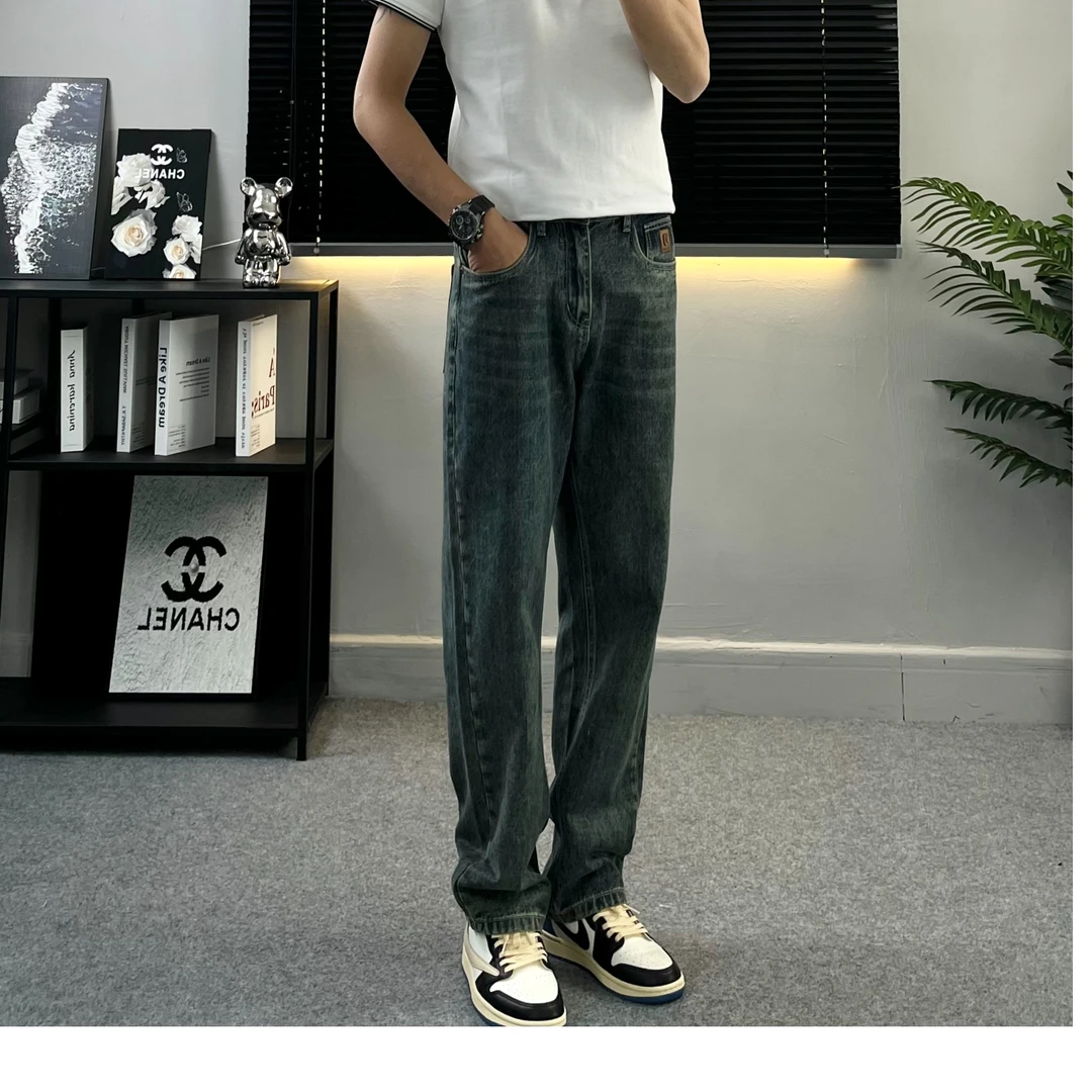 新款上新复古蓝水洗百搭潮流男牛仔裤子牛仔裤宽松直筒美式牛仔裤