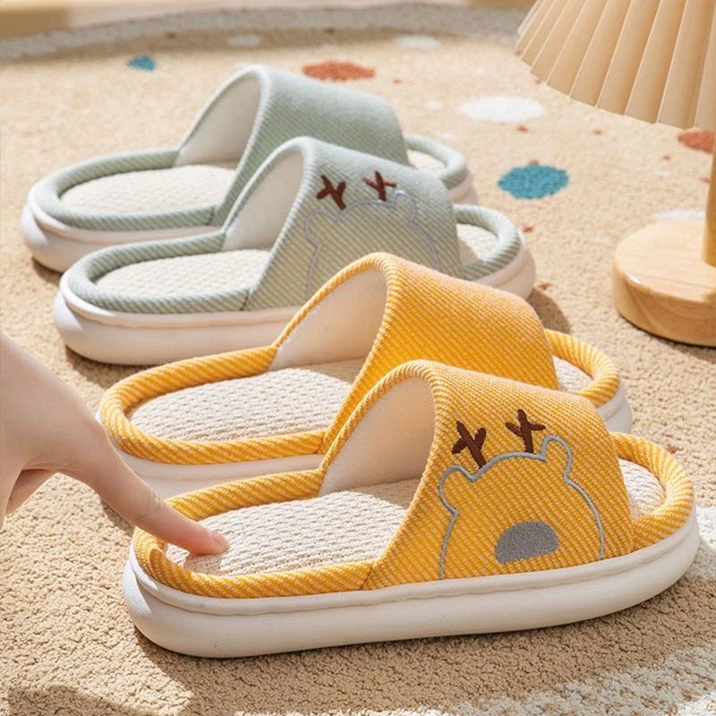 亚麻拖鞋女夏季防滑厚底室内棉麻布四季防臭软底家用静音吸汗凉拖