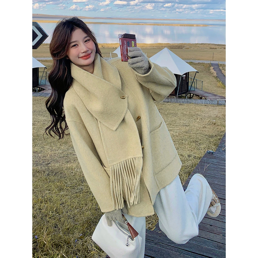 超好看双面呢子羊绒大衣女2024冬季新款羊角扣黄色毛呢外套