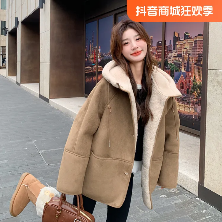 羊 羔毛外套女冬季2024新款休闲皮毛一体麂 皮绒连帽上衣