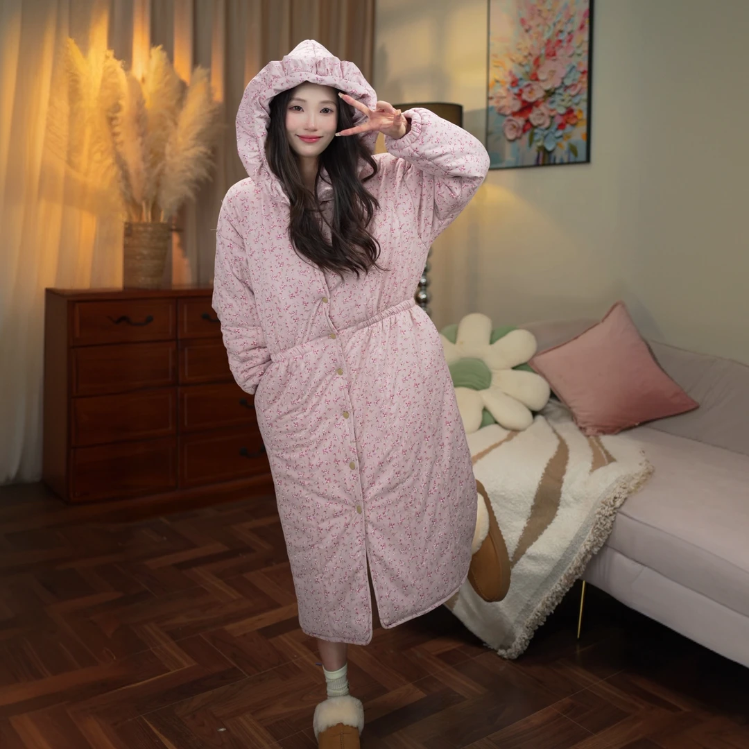 保暖套装睡袍宽松加厚长款连帽加绒冬装家居服甜美SQ1022-MAER