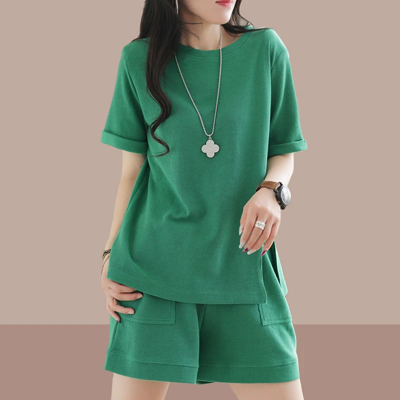 运动服套装女夏2025新款时尚宽松圆领纯色短袖t恤短裤休闲两件套