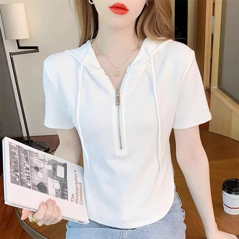 正肩连帽短袖T恤女2025夏季新款小个子胖mm遮肚子显瘦休闲上衣服