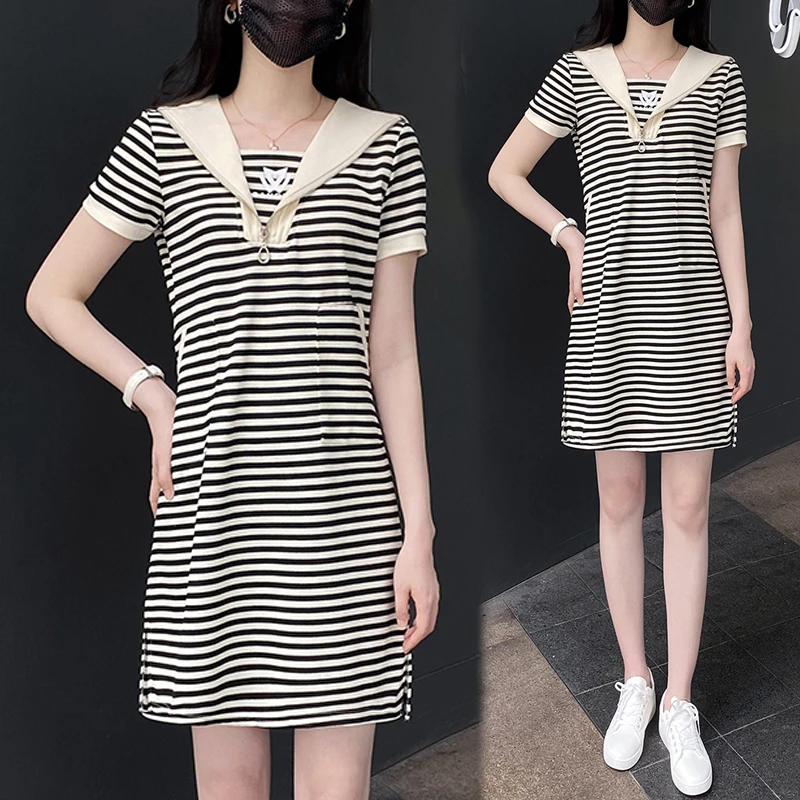 夏季女装新款高档连衣裙女短袖洋气百搭条纹拼接显瘦休闲中长裙子
