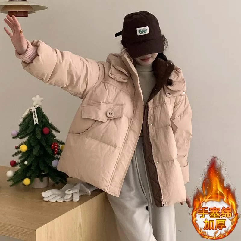 韩版高级感针织袖连帽棉服女2025年秋冬季新款加厚保暖面包服外套