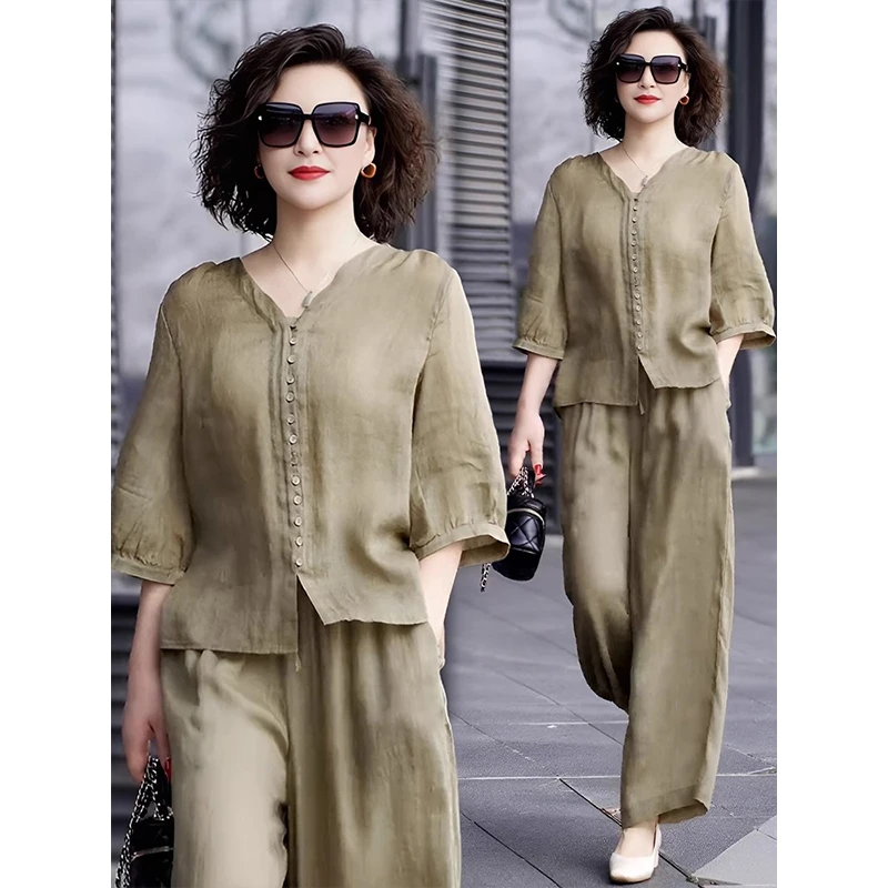 洋气减龄上衣阔腿裤套装2025夏新款70后显年轻漂亮时尚女装两件套