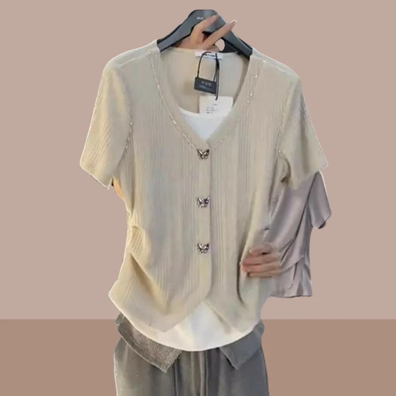 设计感小众假两件短袖t恤女夏季新款洋气减龄宽松显瘦不规则上衣