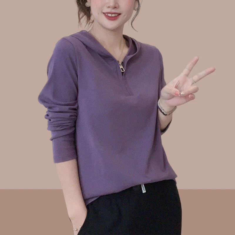 网红款长袖t恤女2025春秋新款时尚休闲宽松显瘦长袖连帽女上衣