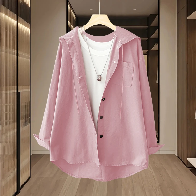 设计感长袖连帽衬衫女春秋2025年新款港味复古百搭纯色外套上衣女