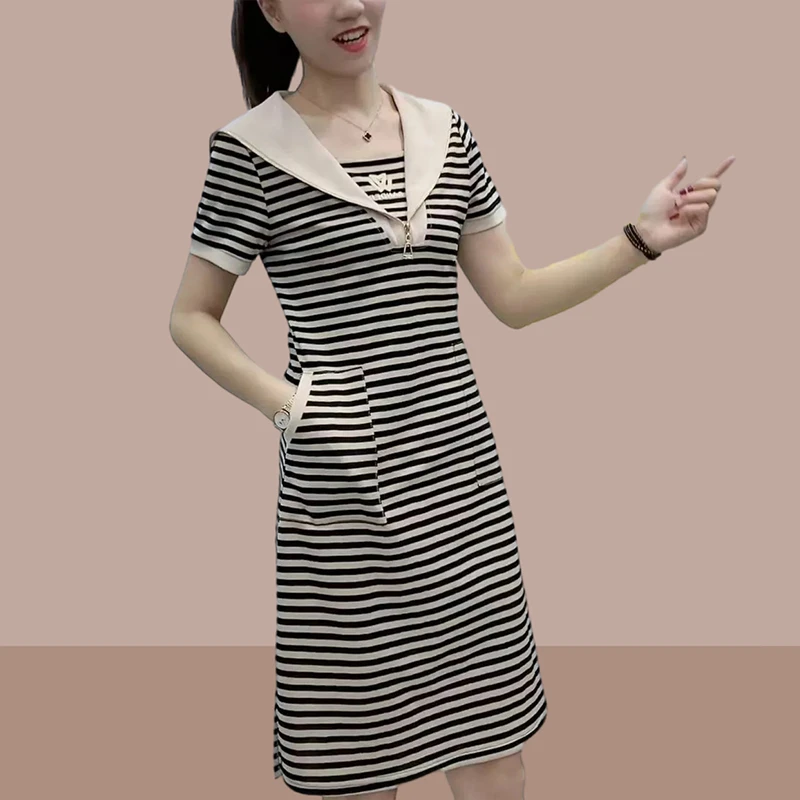假两件条纹短袖连衣裙女中长款2025夏季新款气质减龄显瘦时尚裙子