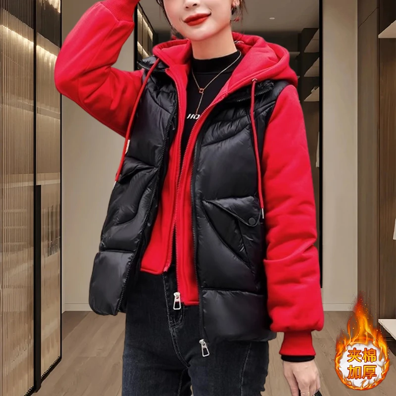 2025冬季新款假两件连帽夹棉加厚棉服外套韩版胖mm大码拼接棉衣女