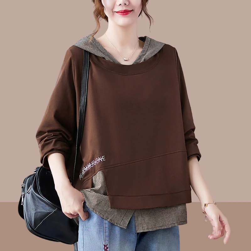 不规则假两件刺绣卫衣女士2025春秋新款宽松休闲百搭设计连帽上衣