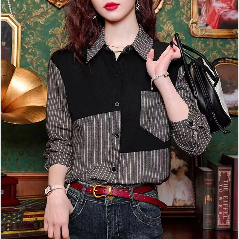 复古潮流不规则拼接衬衫2025春秋新款网红洋气炸街女装洋气打底衫