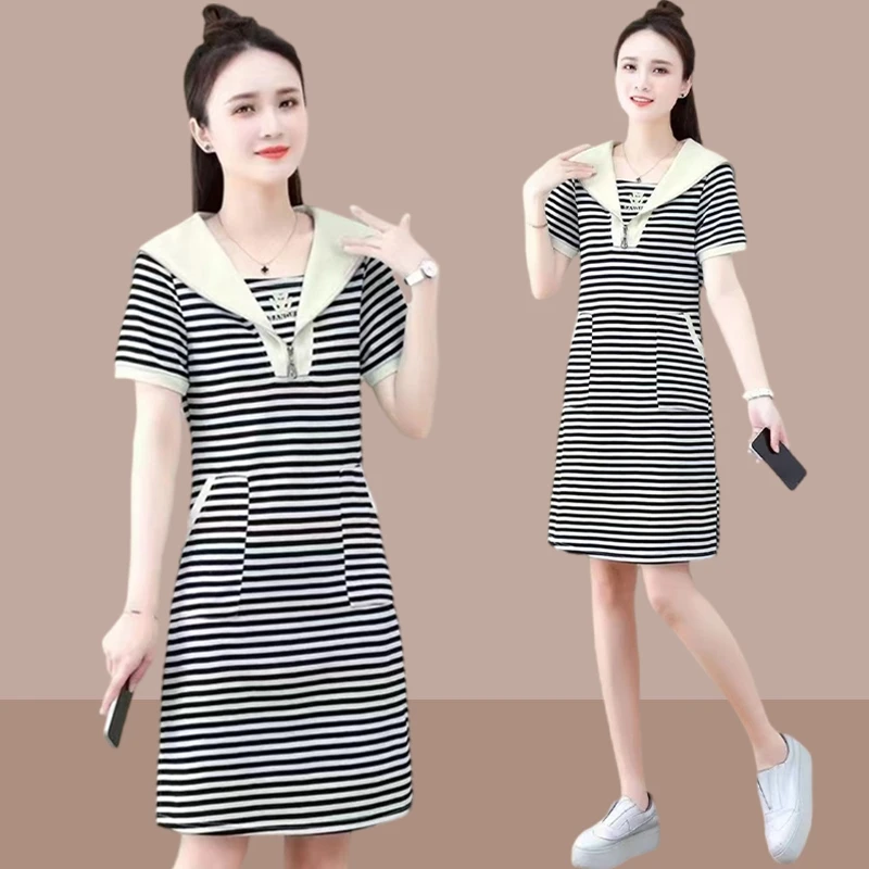 中长款条纹连衣裙女短袖2025夏季新款时尚海军领修身显瘦A字裙子