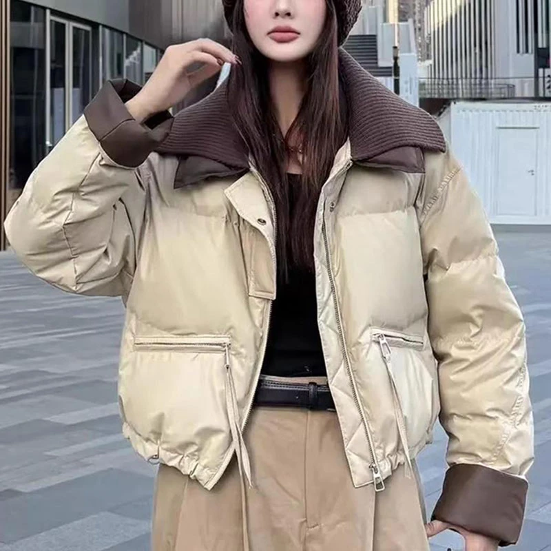 2025冬季新款拼接撞色针织领棉服外套女士显瘦小个子加厚保暖棉衣