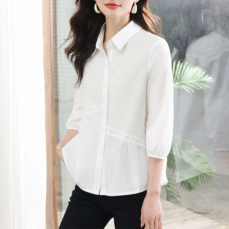 时尚七分袖设计感潮流打底衫2025春秋季新款职业通勤女装纽扣衬衫