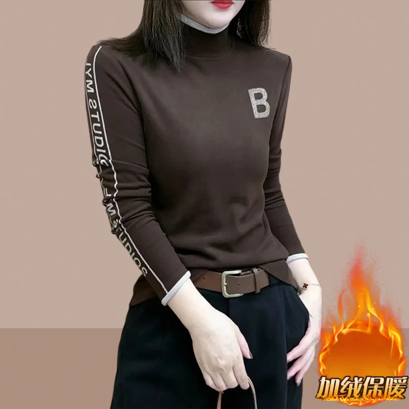 秋冬季高领长袖t恤女2025新款爆款加绒加厚打底衫女中领打底衫女