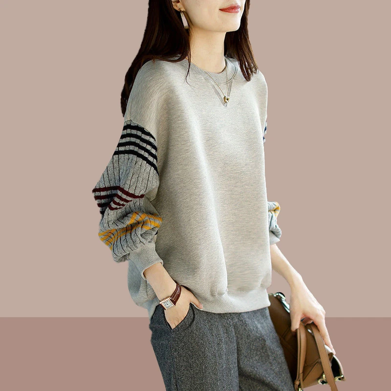 2026春秋气质秋装宽松休闲洋气减龄胖mm大码女装圆领拼接撞色卫衣