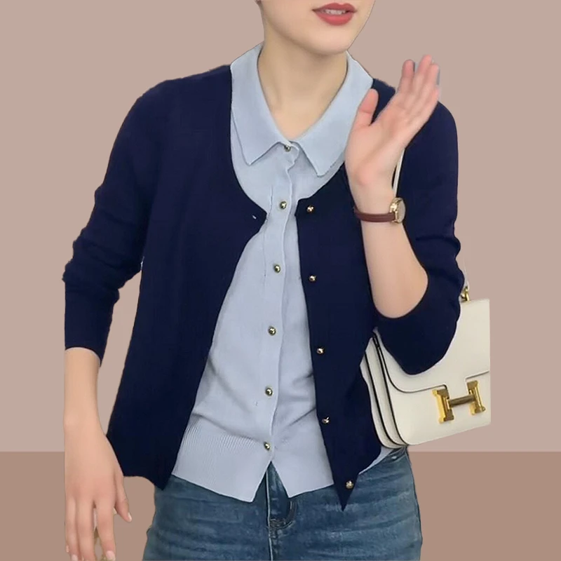 假两件纽扣轻奢小众高级感女装打底衫2025春秋新款休闲百搭针织衫