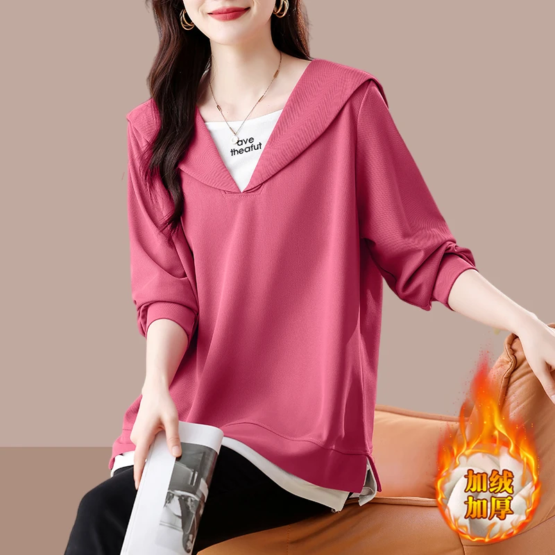 秋冬季假两件加绒卫衣女爆款2025新款宽松显瘦女装长袖洋气上衣服