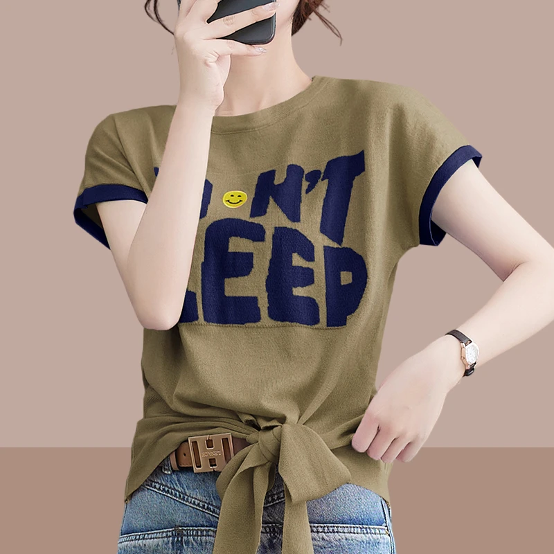 女士短袖上衣2025夏季款洋气时尚设计感小众短款宽松下摆打结体恤
