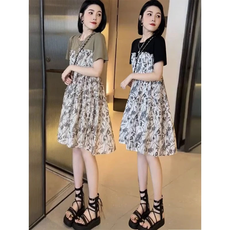 洋气碎花假两件百搭连衣裙2025夏新款流行时尚女装a字显瘦中长裙