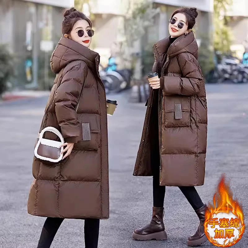 高级感气质纯色棉服女2025年冬季新款中长款过膝休闲百搭连帽外套