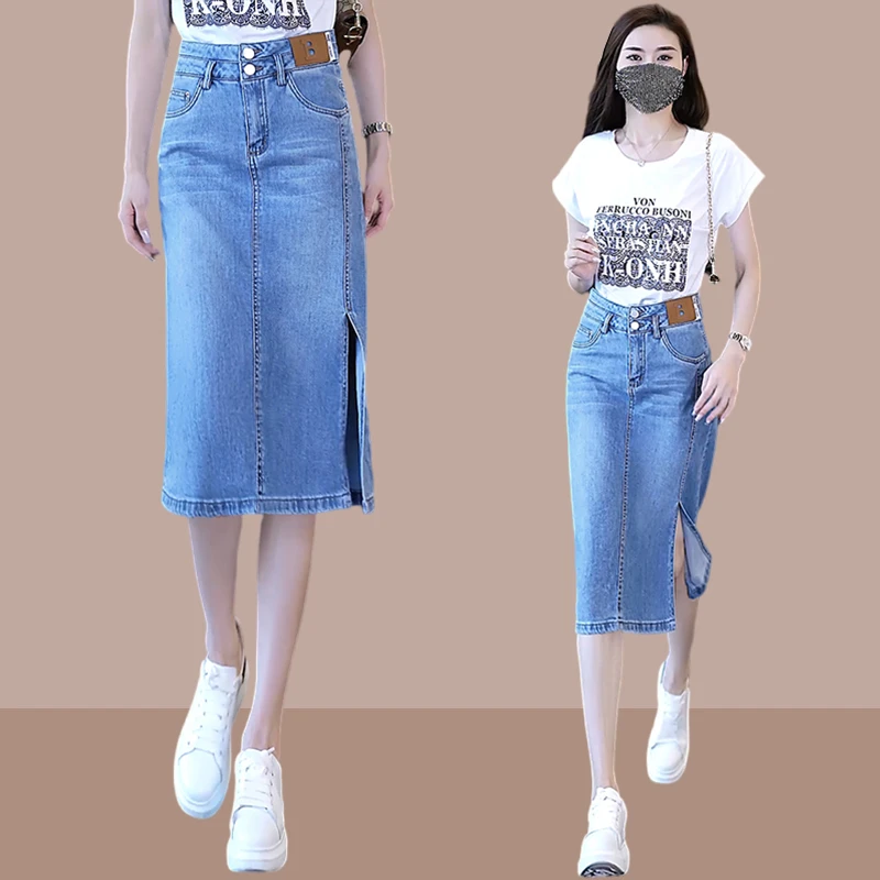 夏季新款牛仔半身裙女款中长款韩版百搭开叉a字高腰显瘦包臀裙子