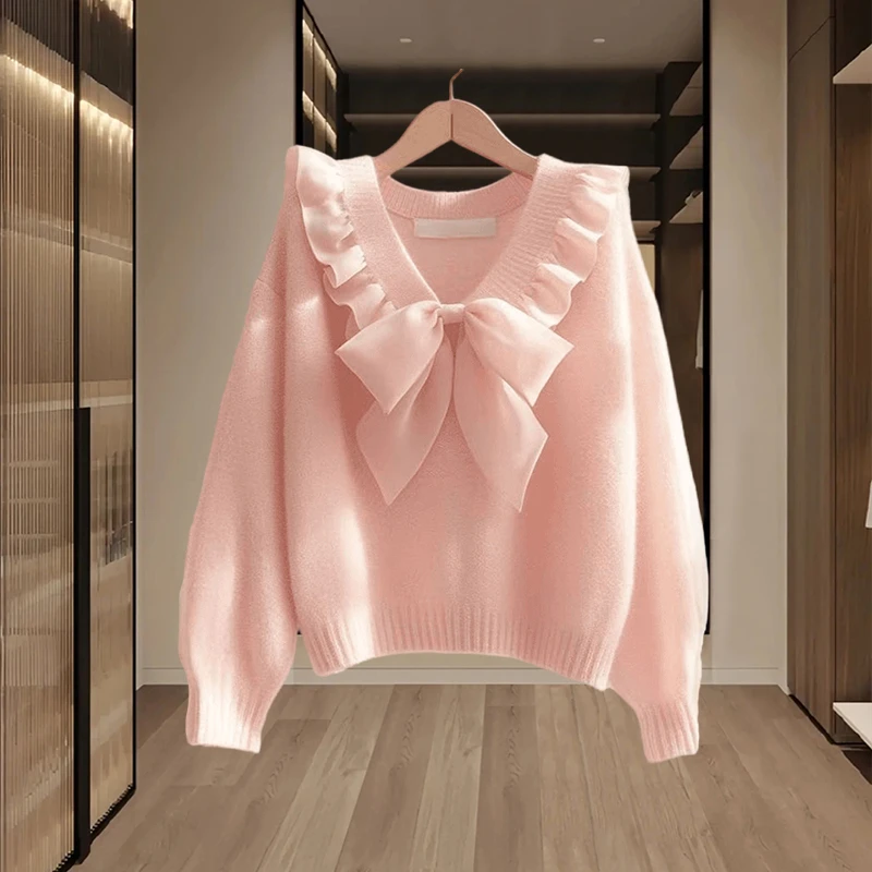 香朵儿法式拼接蝴蝶结洋气针织衫2025春秋新款小香风品质女装上衣