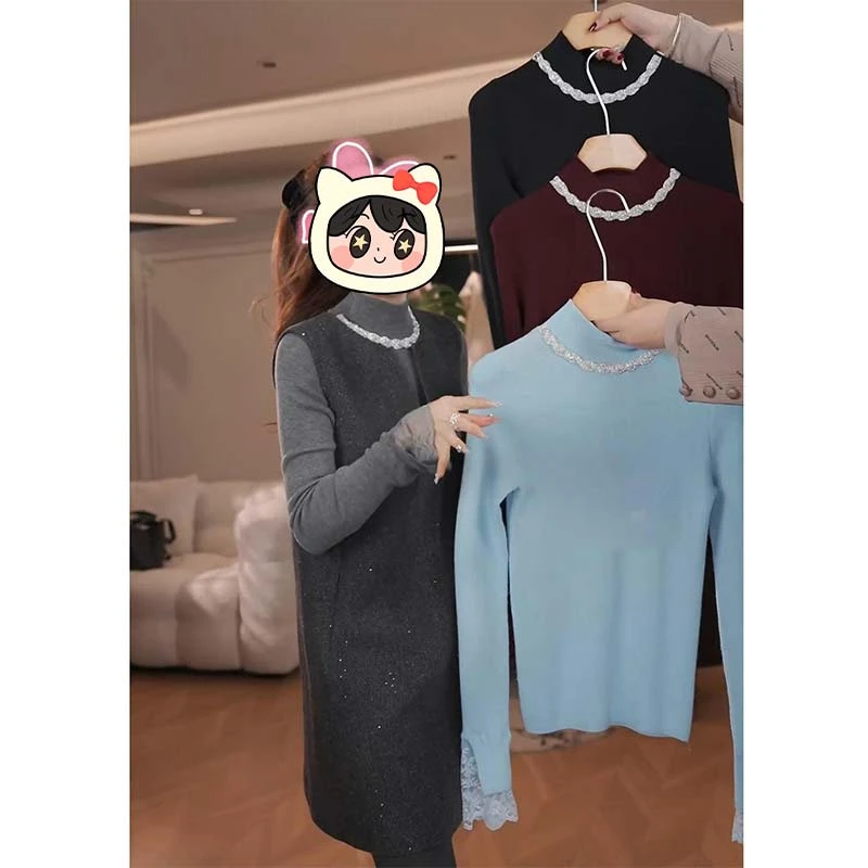 法式半高领钉珠套头打底衫女2024年秋冬季新款高级感拼接长袖上衣