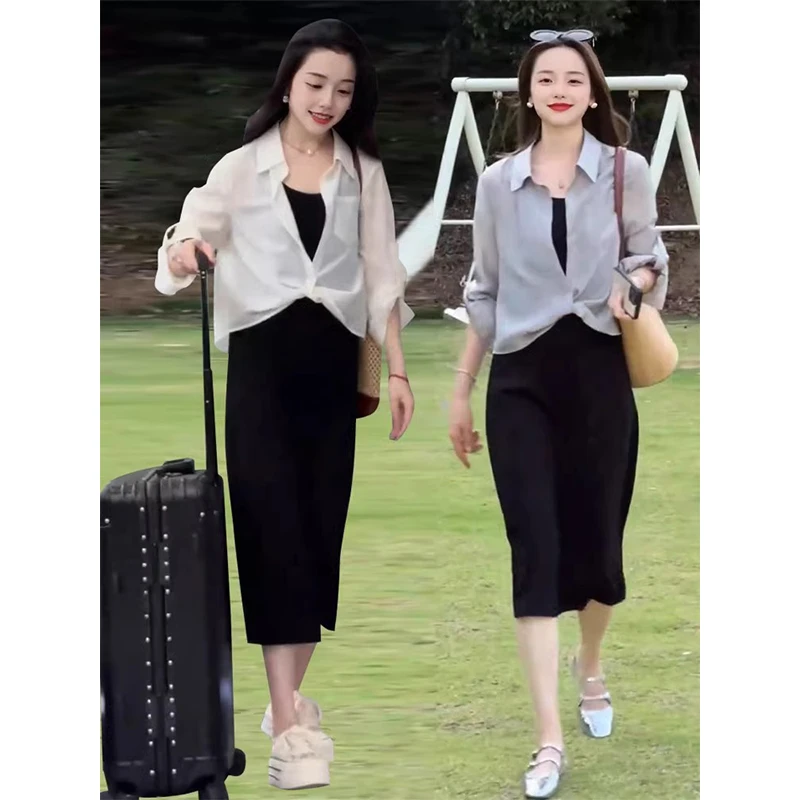 出游时尚百搭洋气套装2025夏季新款高级轻奢女装衬衫吊带裙两件套