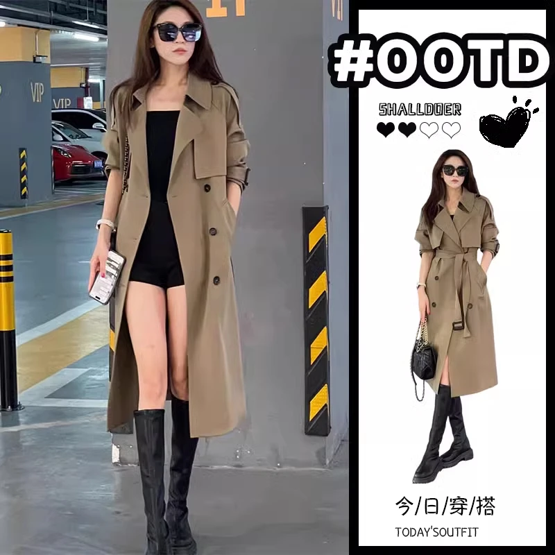 秋季新款气质收腰显瘦中长款双排扣大衣时尚轻奢高级感风衣外套女