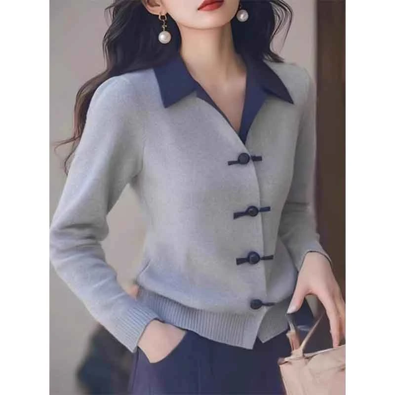 香朵儿国风盘扣拼接设计感针织衫2025秋冬季新款百搭通勤女装上衣