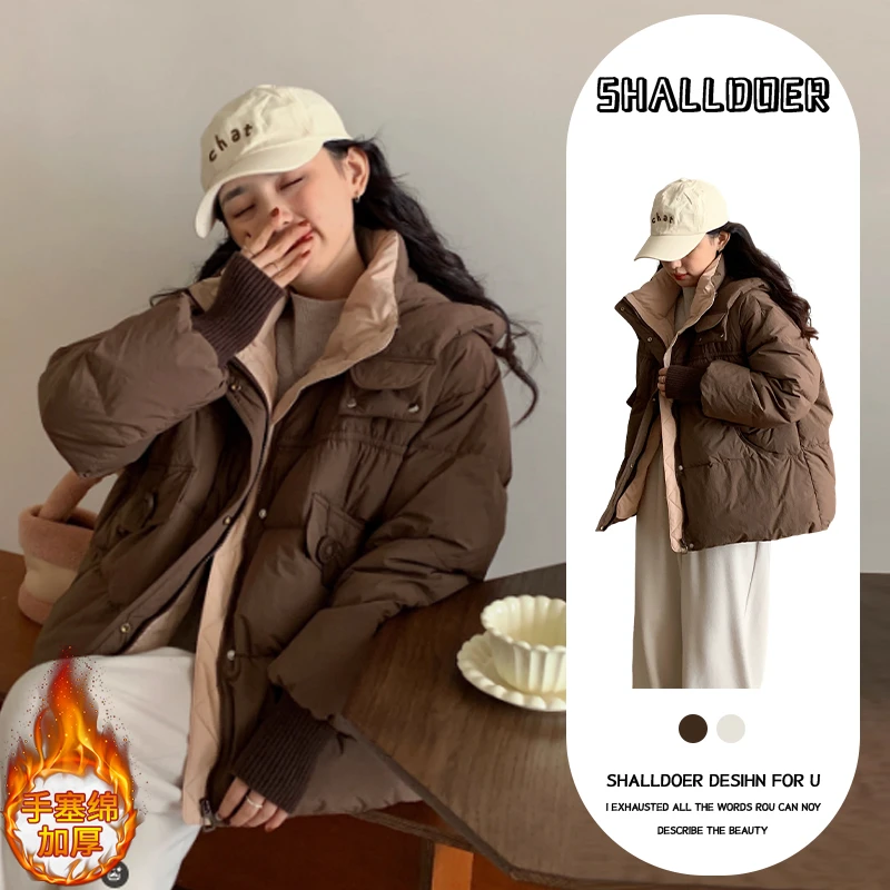 2025新款冬季韩系慵懒风连帽保暖棉服女加厚保暖小个子短款面包服